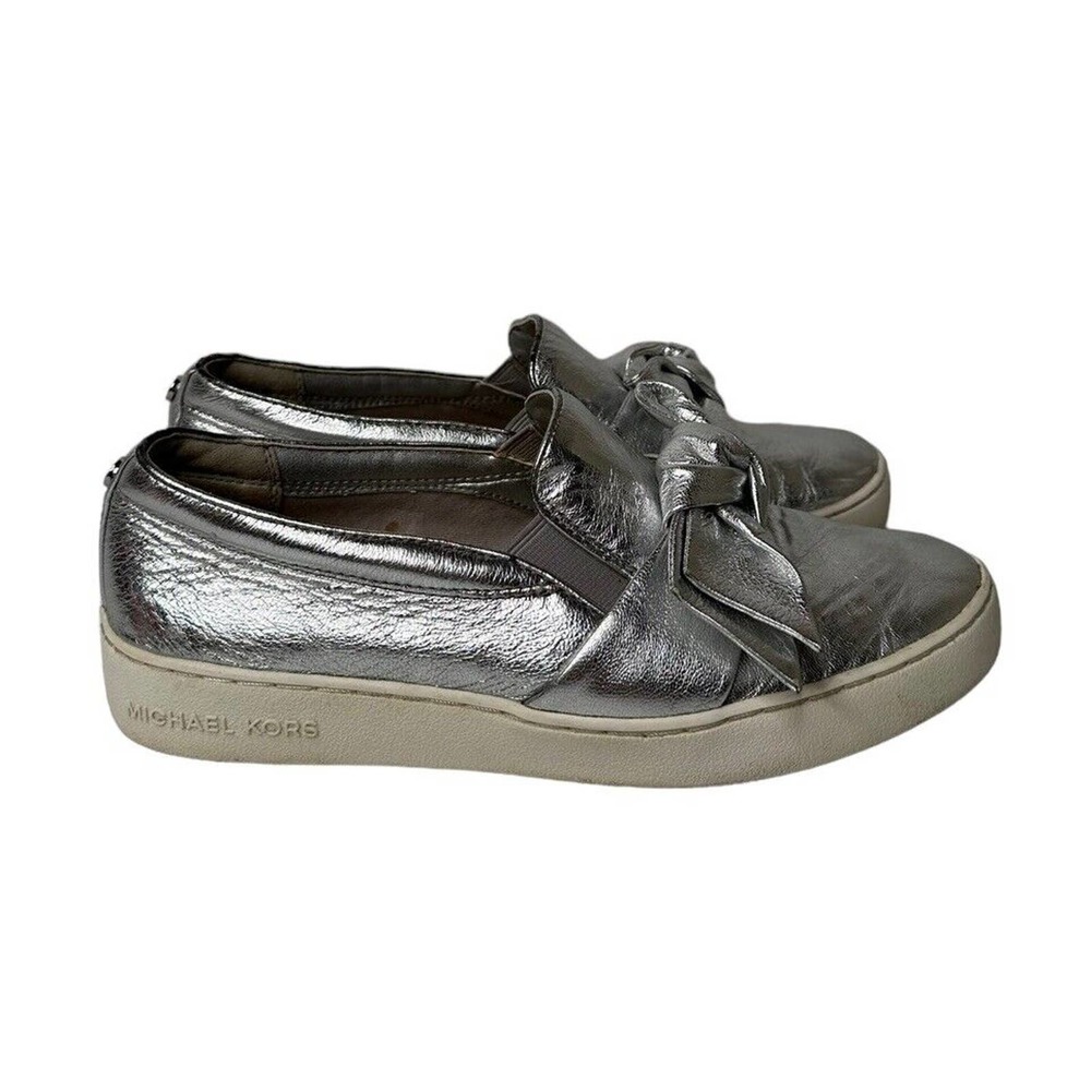 Womens Michael Kors Silver Leather Slip On Casual Comfort Shoes with Bows Sz 6.5
